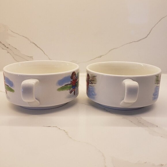 set of 2 Flat bowls Handle Kids Skating Skipping Cereal Mug Soup Dessert - Picture 2 of 8